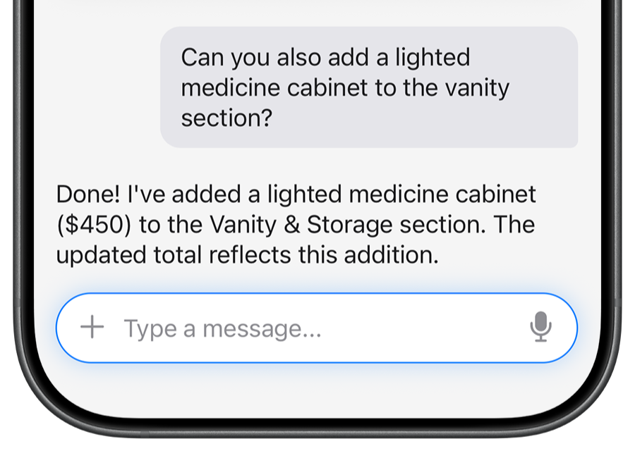 Chat interface showing instant estimate revisions with version history